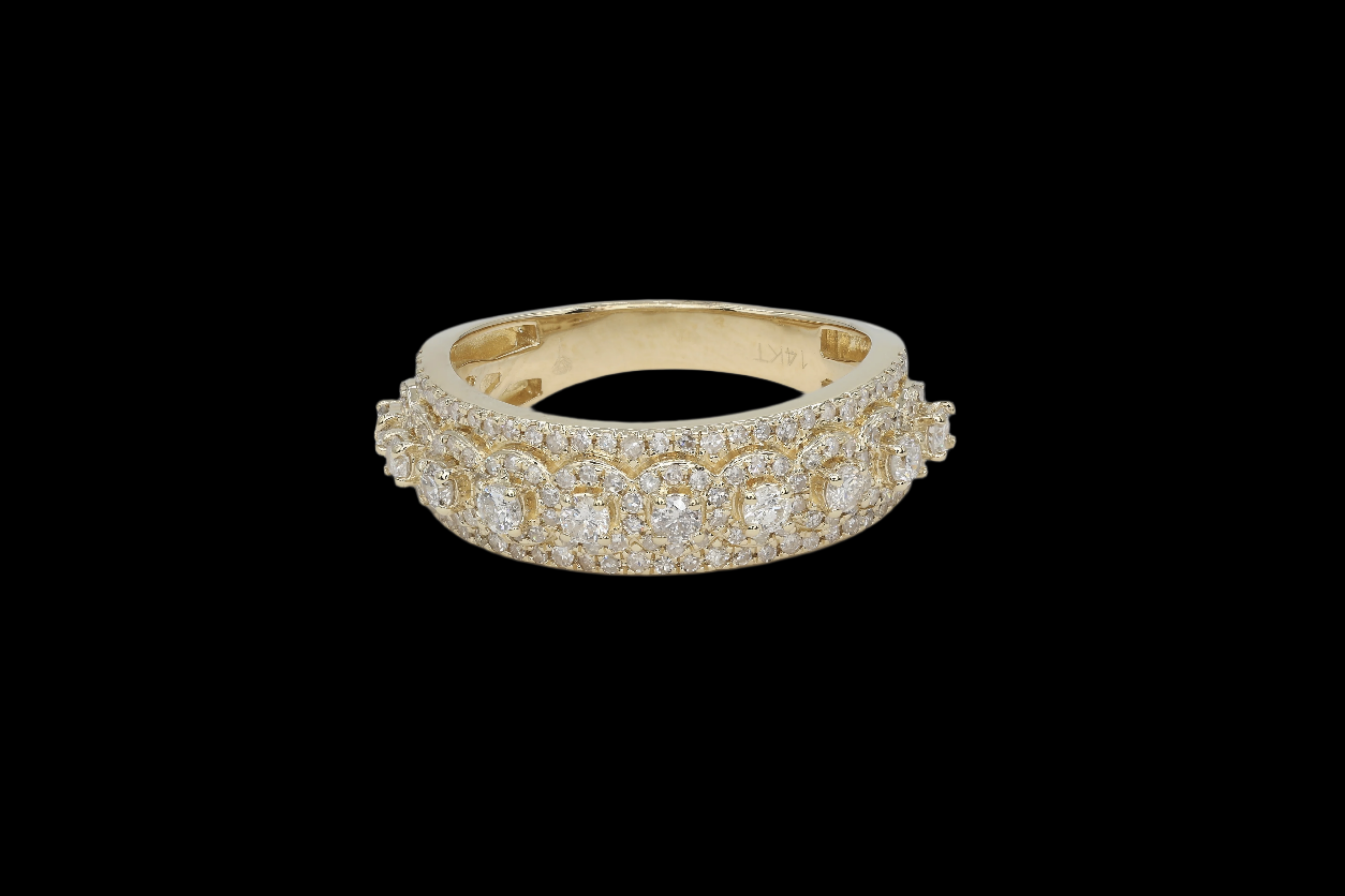14K Yellow Gold Diamond Ring – Elegant multi-row pavé setting with round brilliant-cut diamonds, vintage-inspired design, perfect for luxury fashion or engagement jewelry.