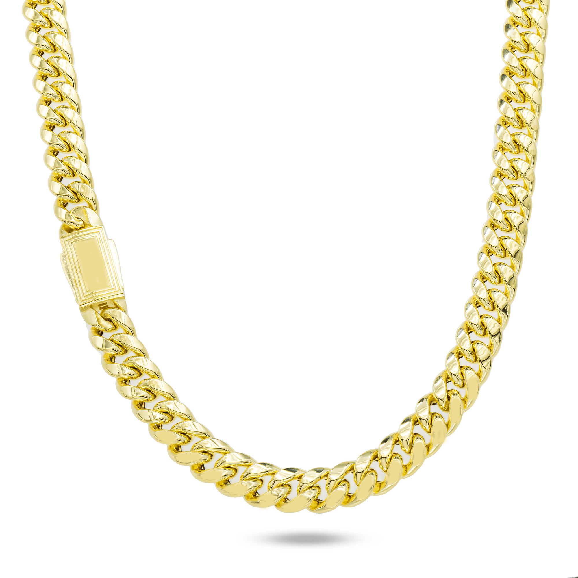 Close-up of 10K Yellow Gold 9.75mm Miami Cuban Chain – Semi-Hollow Diamond Cut Link Design