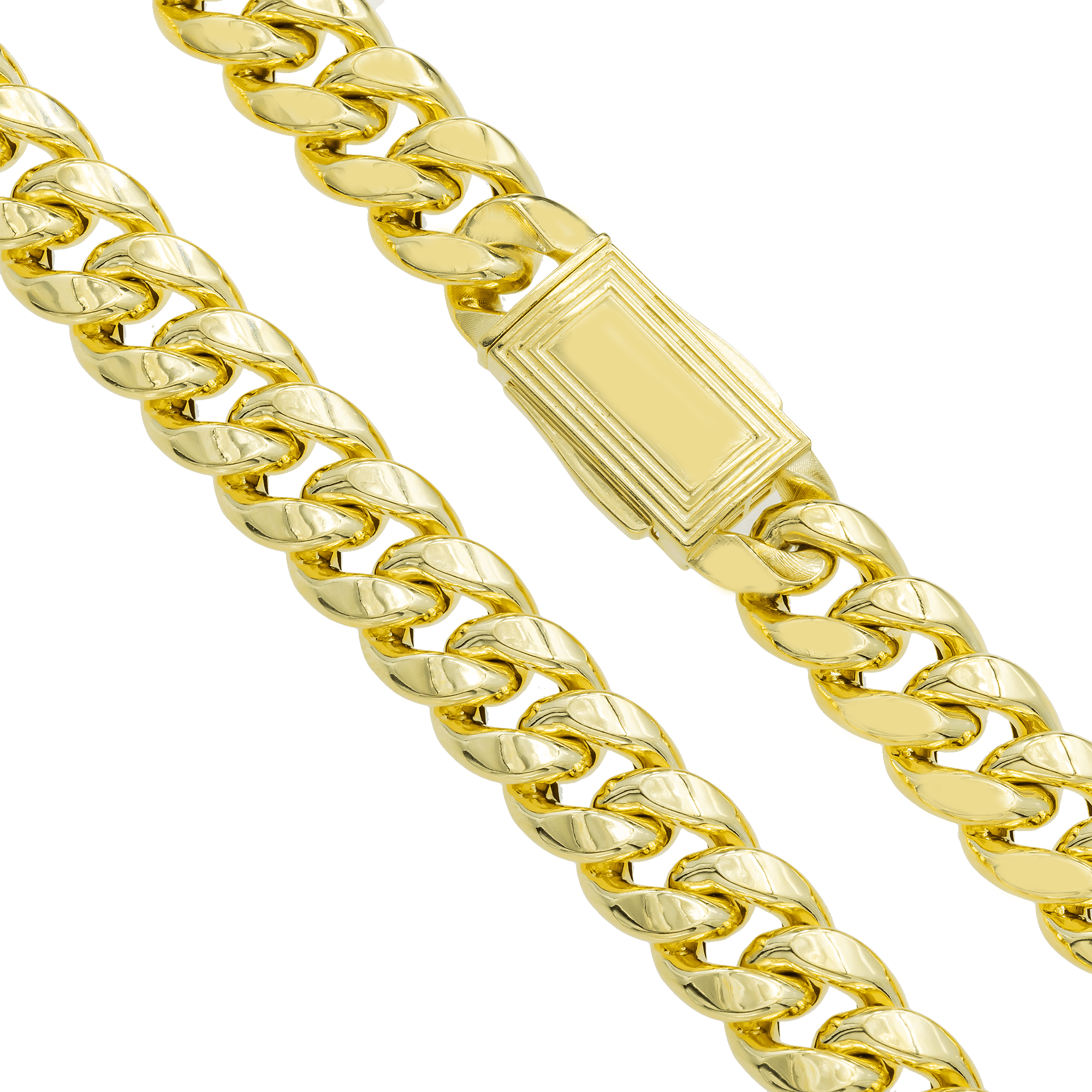 Clasp and detail of 10K Yellow Gold Semi-Hollow Cuban Link Chain – 9.75mm Thick Lightweight Gold Chain