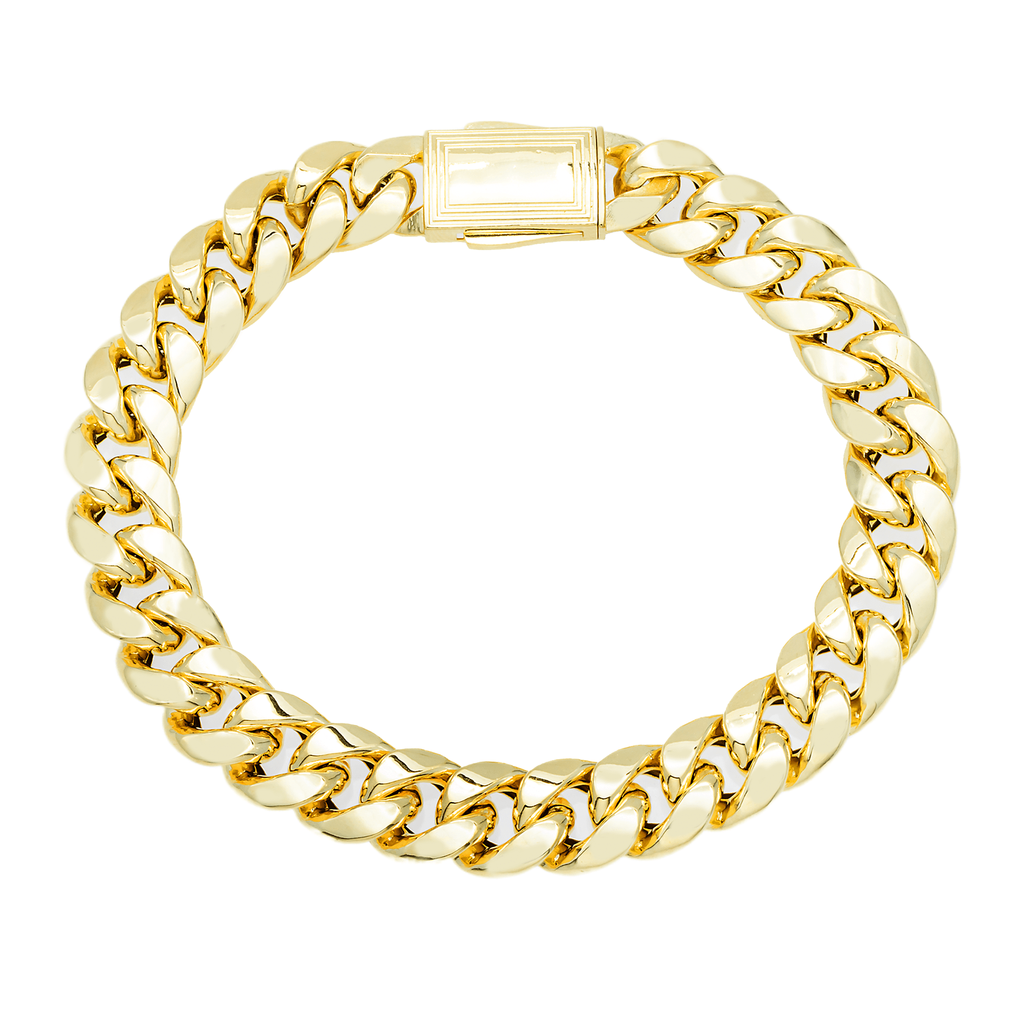 Close-up of 10K Yellow Gold 12.00mm Cuban Link Bracelet – Semi-Hollow Diamond Cut Link Design
