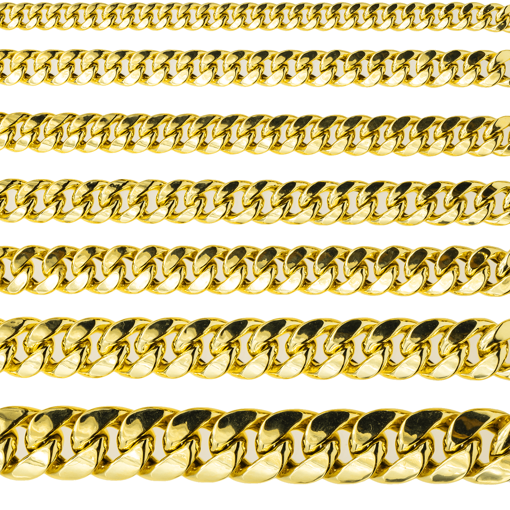 Seven yellow gold chains in a row to show size differences