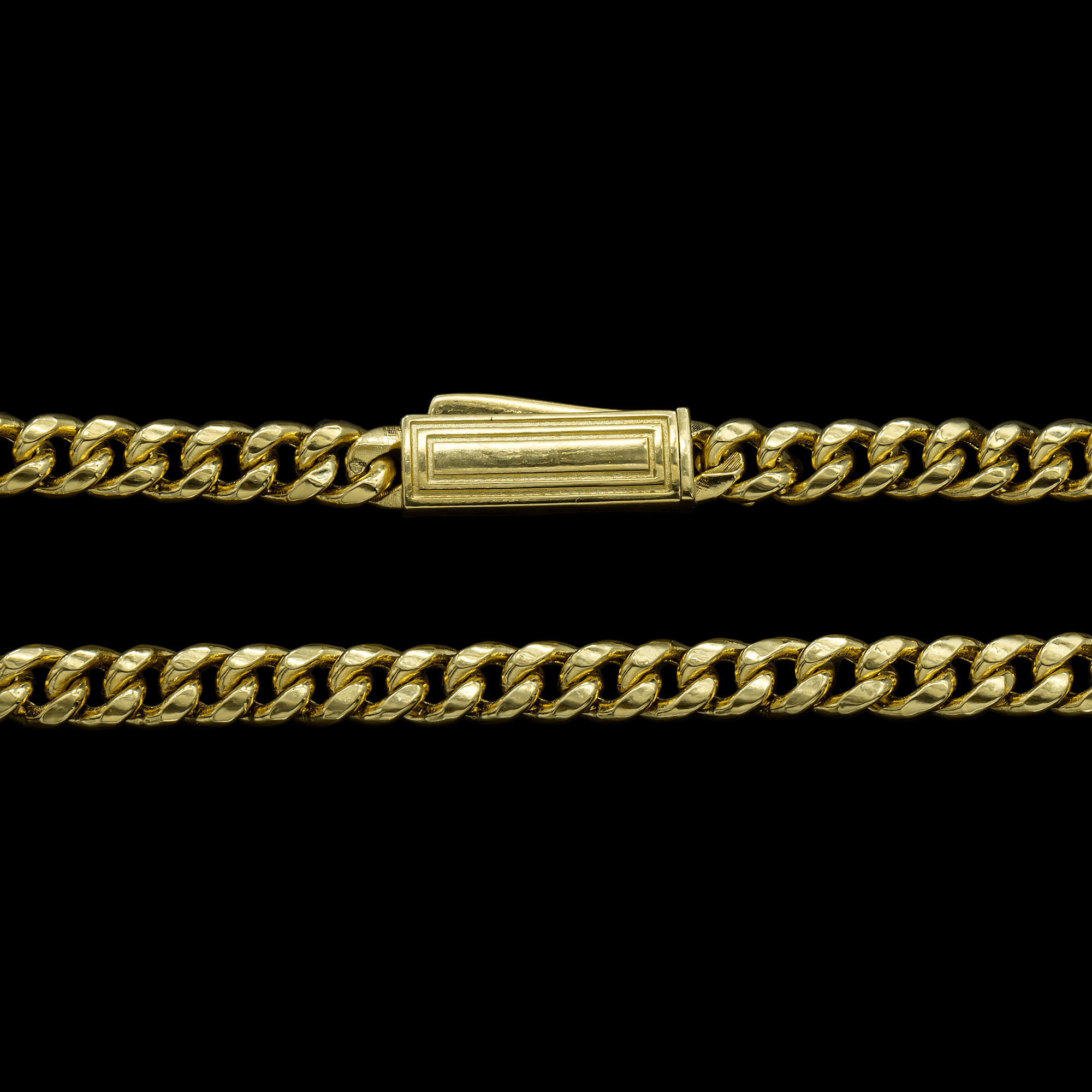 Close-up of 10K Yellow Gold 4.50mm Miami Cuban Chain – Semi-Hollow Diamond Cut Gold Links
