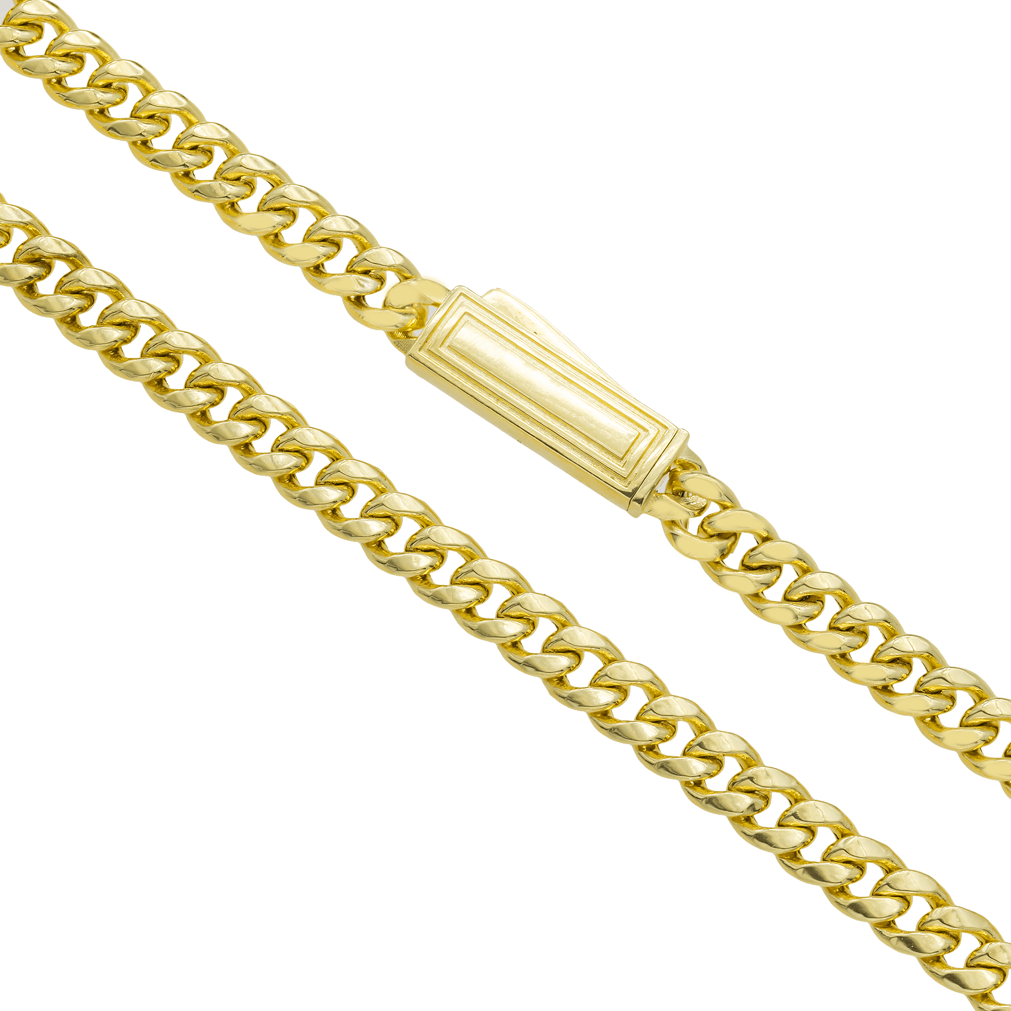 Clasp and side detail of 10K Yellow Gold Semi-Hollow Cuban Link Chain – 4.50mm Wide Polished Finish