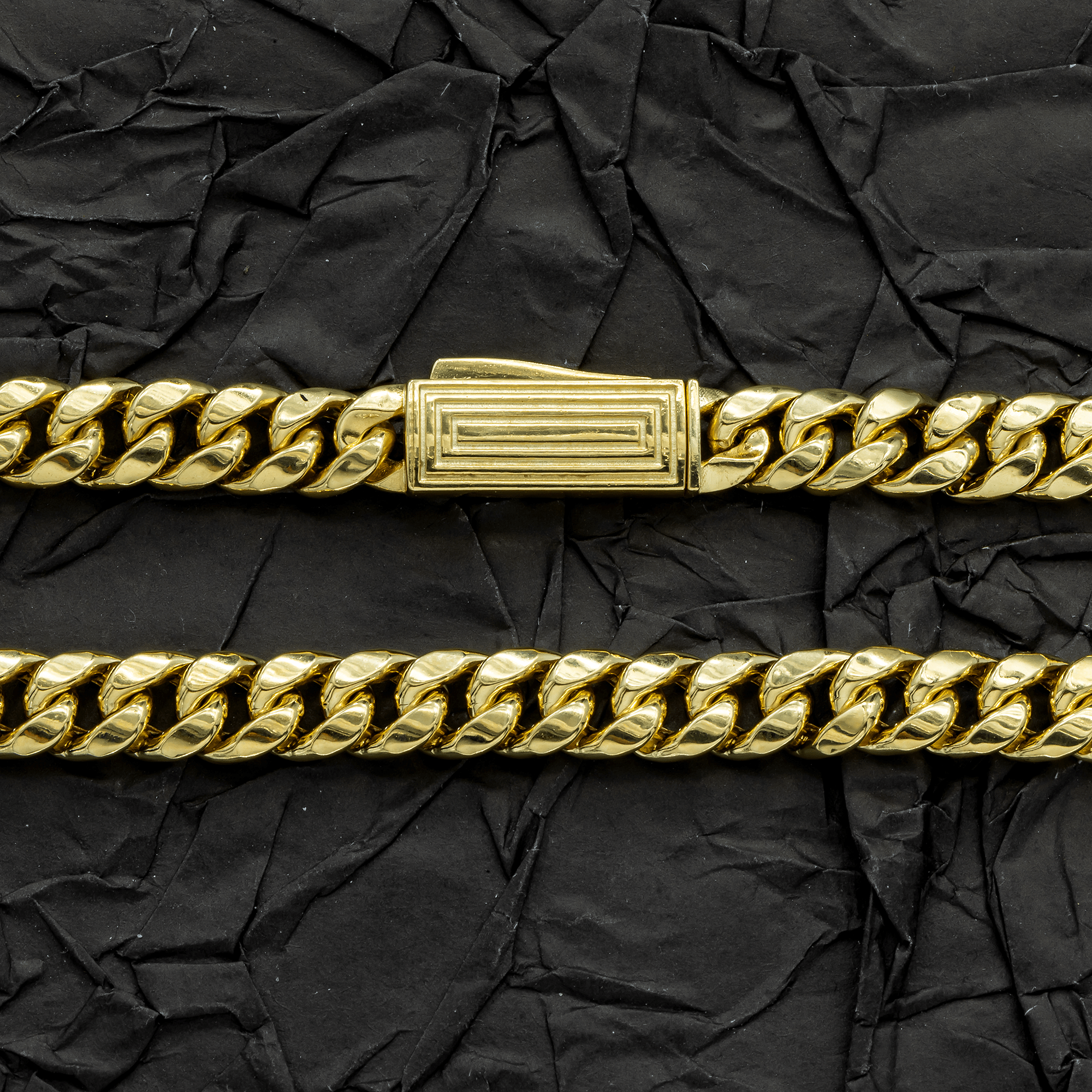 Close-up of 10K Yellow Gold 6.50mm Miami Cuban Chain – Semi-Hollow Diamond Cut Gold Links