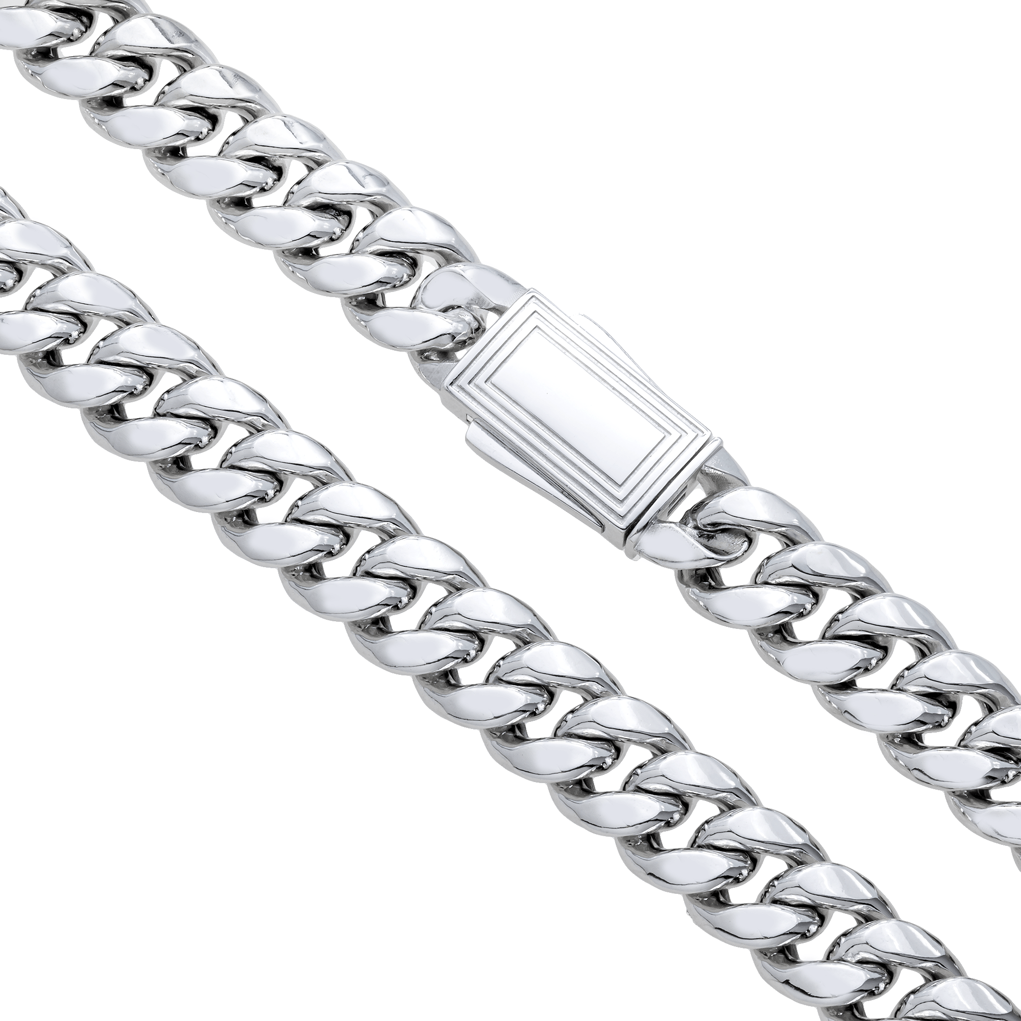 Clasp and side view of 10K White Gold Semi-Hollow Cuban Link Chain – Thick 10mm Polished Gold Design