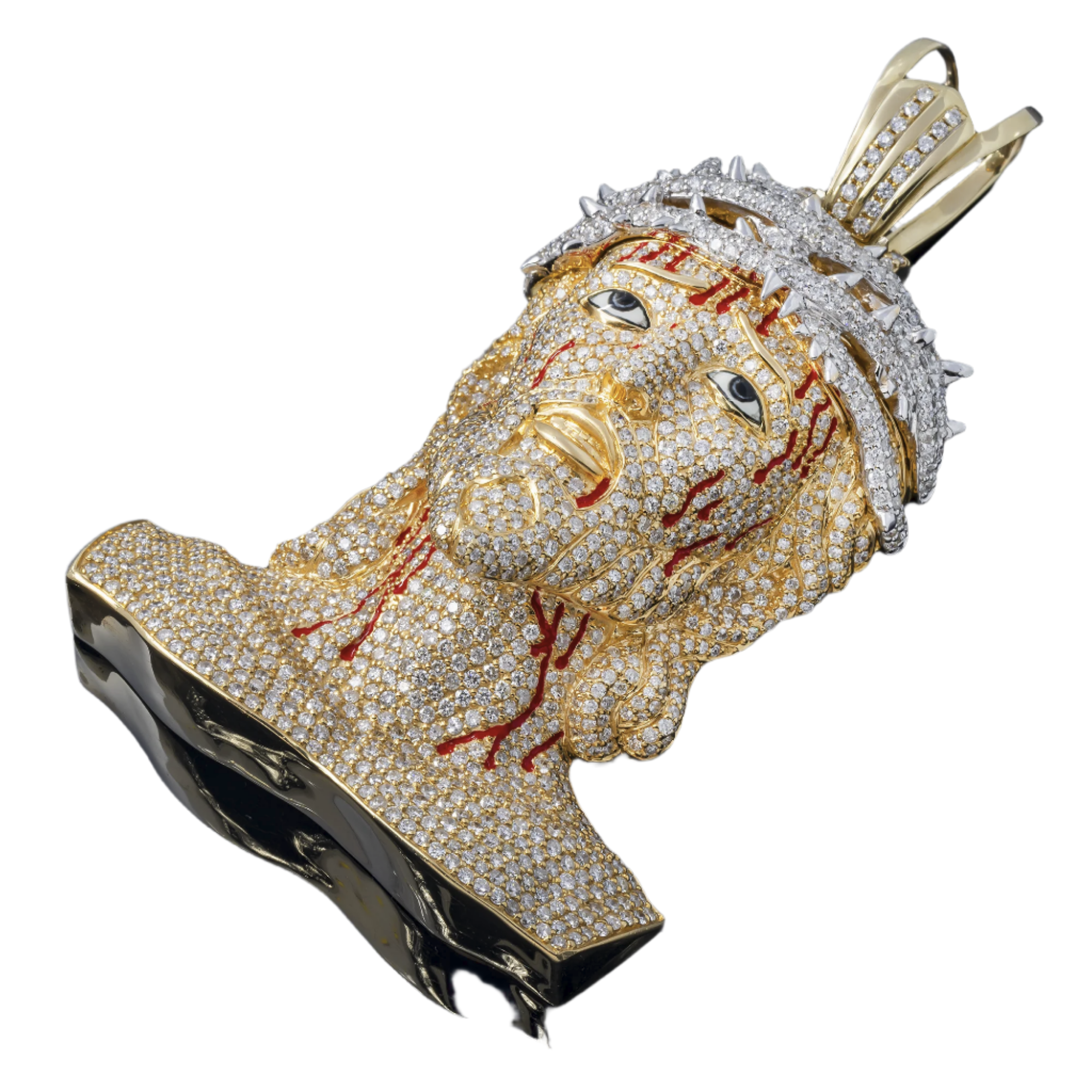 14K two‑tone yellow and white gold large Jesus head pendant encrusted with 18.20 ct natural round‑cut diamonds, detailed bleeding crown of thorns, polished bail.