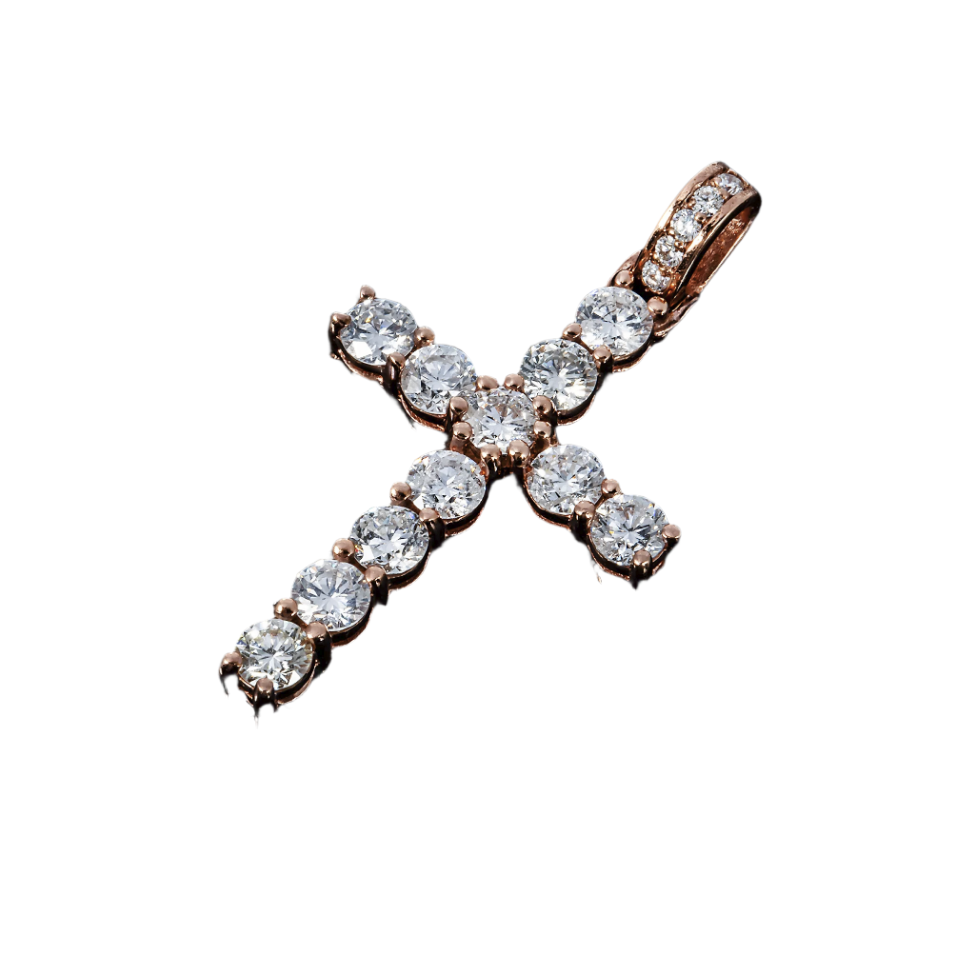 14K rose gold prong-set cross pendant with 2.93 carats of round-cut natural diamonds, elegant religious jewelry with polished finish and diamond-encrusted vertical and horizontal bars.