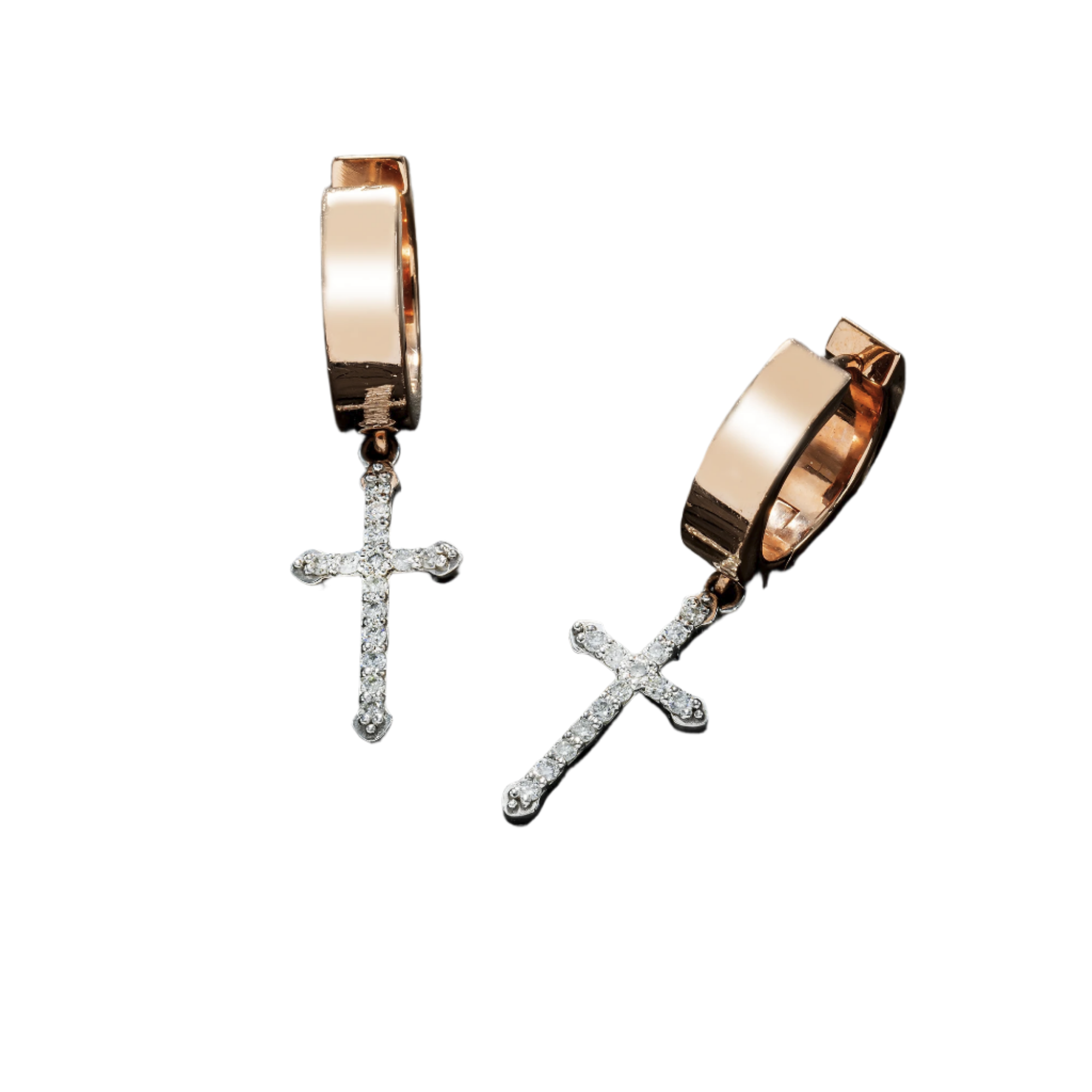 Pair of rose gold hoop earrings featuring hanging cross pendants encrusted with small round white diamonds. The earrings have a sleek, polished finish and a modern, minimalistic design with sparkling accents on the crosses.