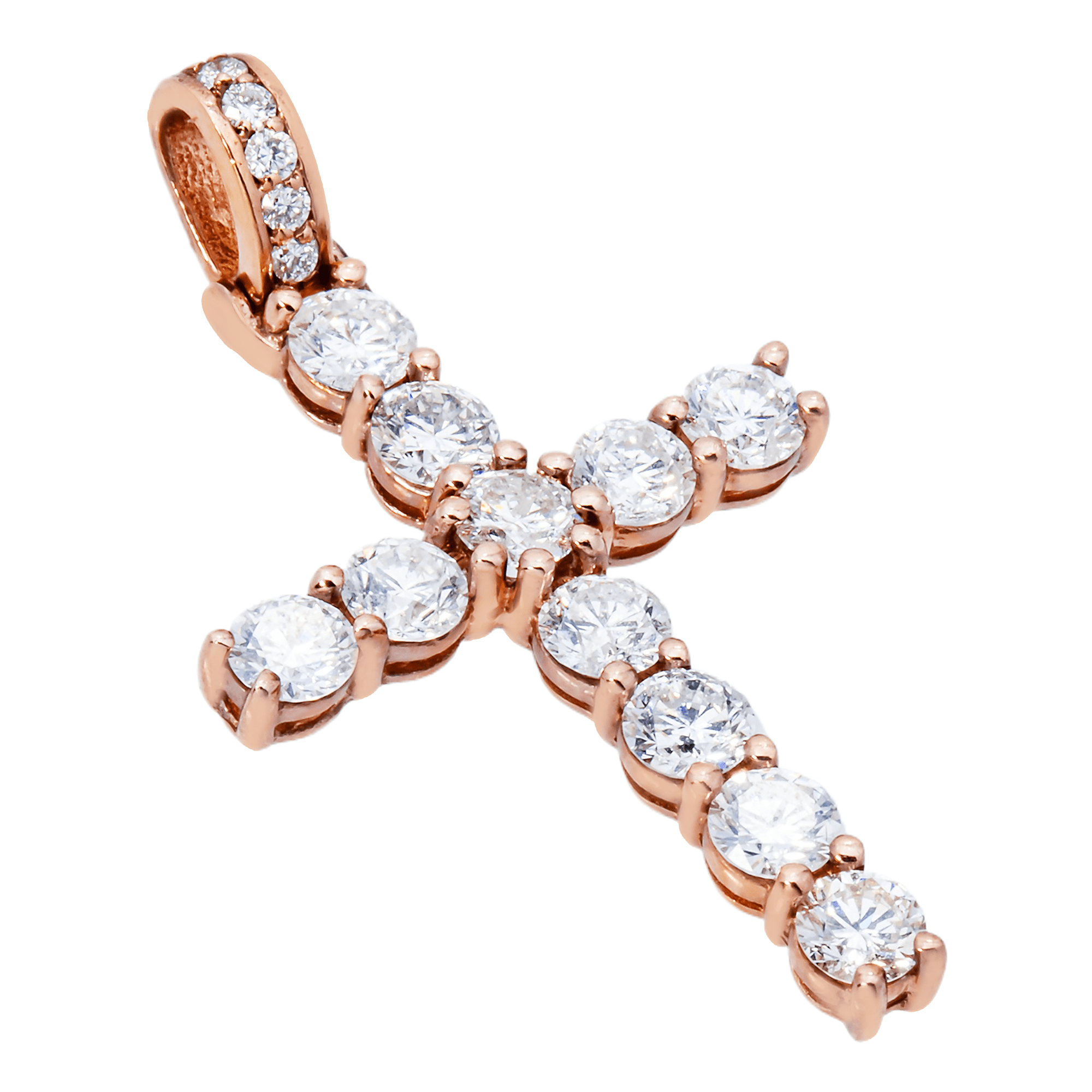 Side view of 14K Rose Gold Diamond Cross Pendant – Prong Set with 2.93 Carats of Round-Cut Diamonds