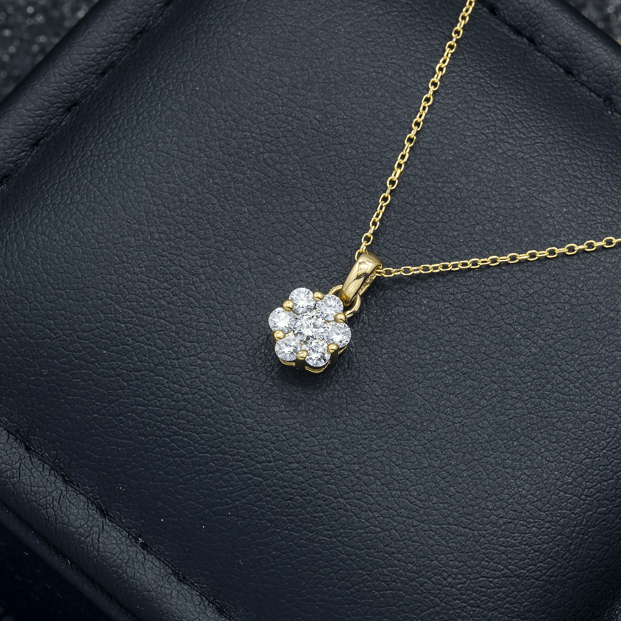 14K Yellow Gold Flower Cluster Pendant Necklace – 0.30 Carat Round-Cut Diamond Floral Design