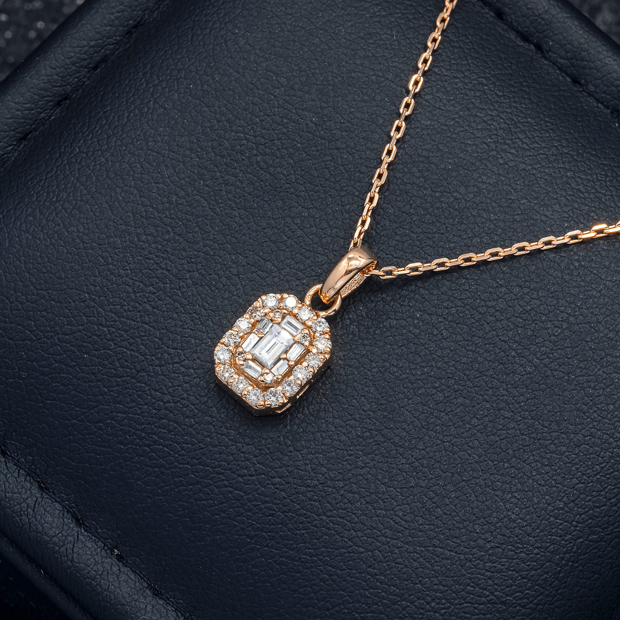 14K Rose Gold Rectangle Halo Pendant Necklace – 0.75 Carat Round & Baguette-Cut Diamond Elegant Jewelry