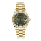 Rolex Datejust 31 - President Gold Factory Diamond Bezel Olive Roman Dial Watch 278288RBR