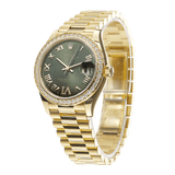 Rolex Datejust 31 - President Gold Factory Diamond Bezel Olive Roman Dial Watch 278288RBR