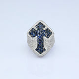 14K White Gold Blue Sapphire Cross 8.63 ctw. Emerald Cut & Round Diamond Ring