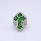 14K White Gold Green Emerald Cross 8.36 ctw. Emerald Cut & Round Diamond Ring