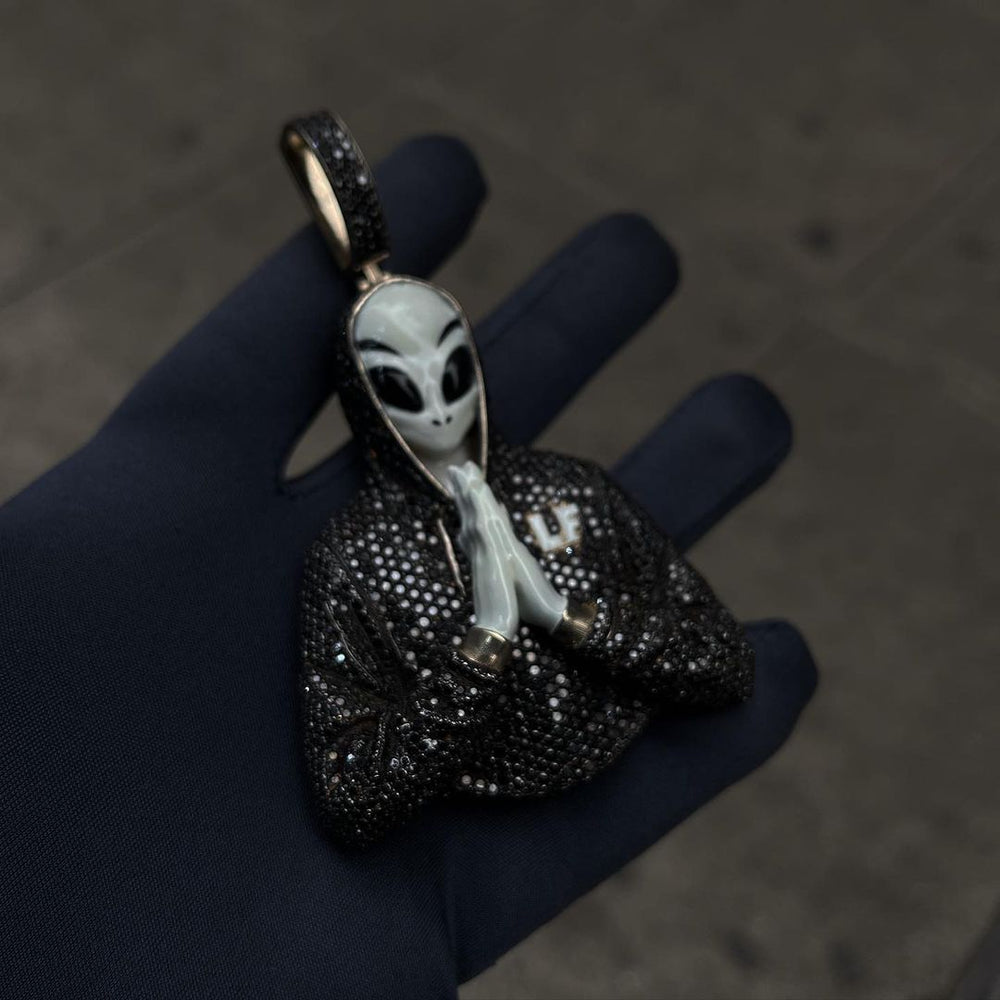 LF Praying Alien Black Diamond Solid gold Pendant