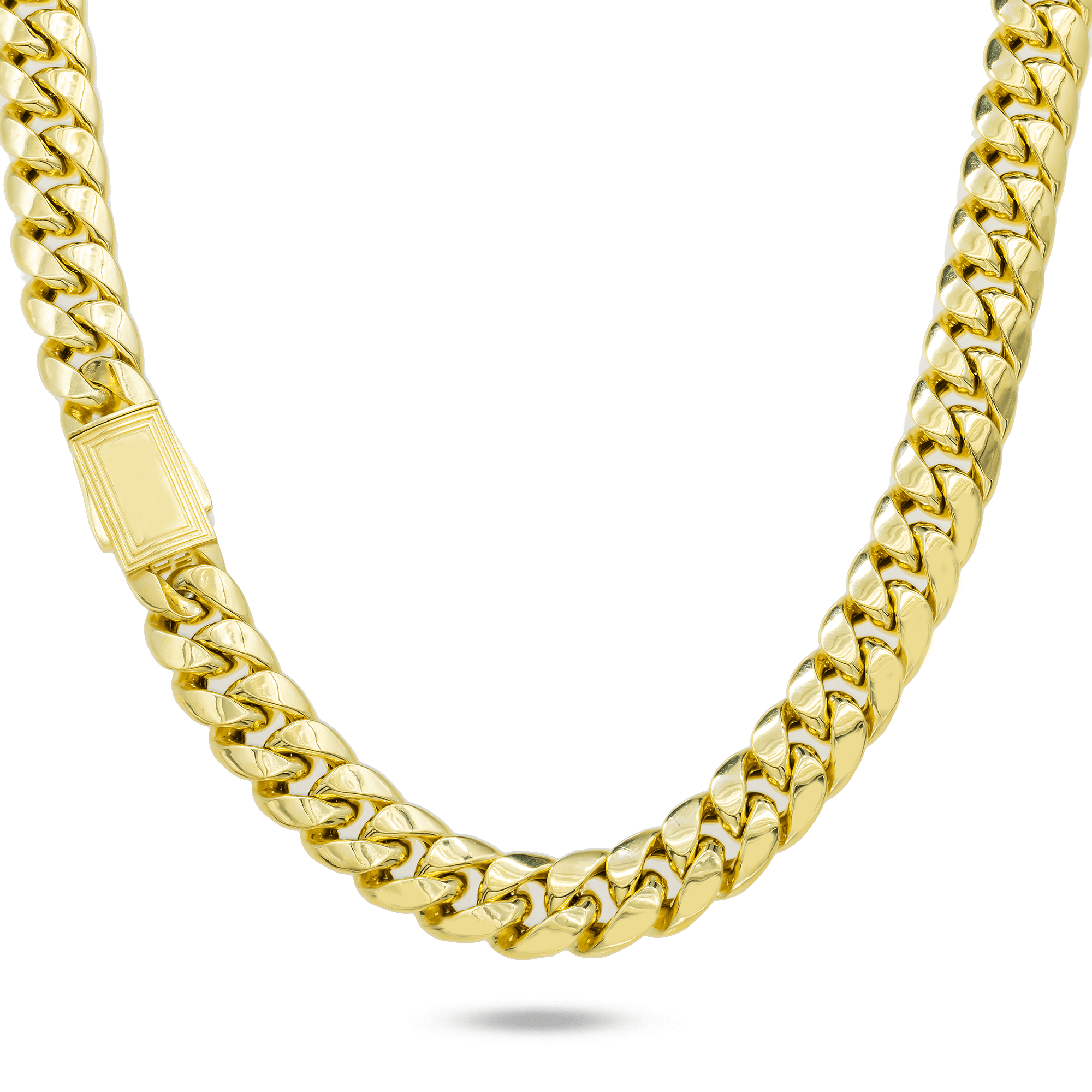 Neck View of 10K Yellow Gold Semi-Hollow Miami Cuban Link Chain – 12.00mm Wide Men's Gold Necklace