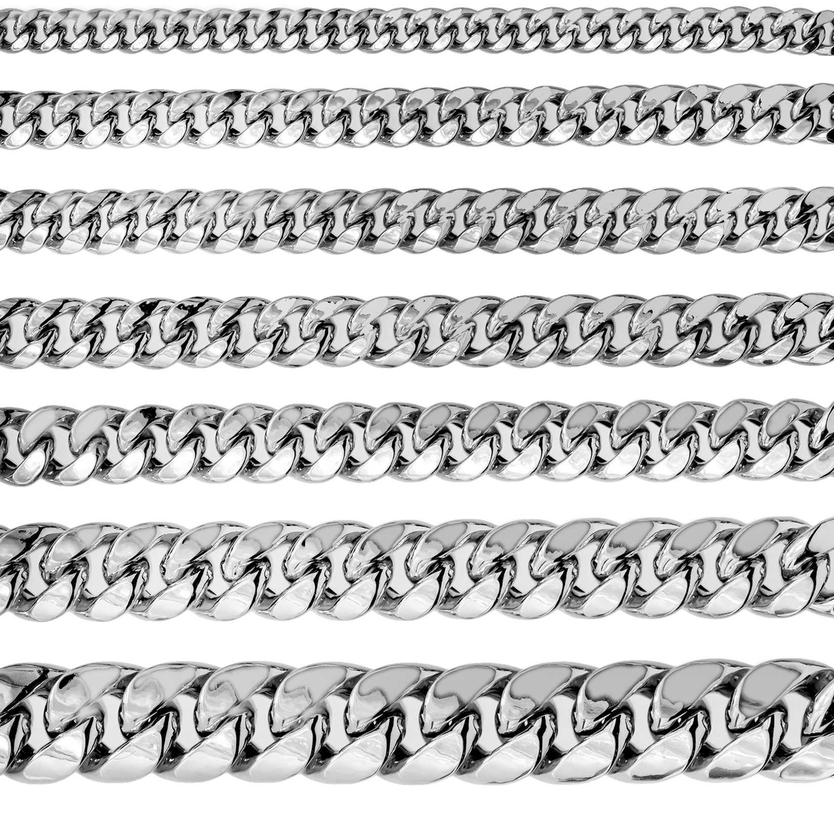 Seven white gold chains in a row to show the size thickness between them.