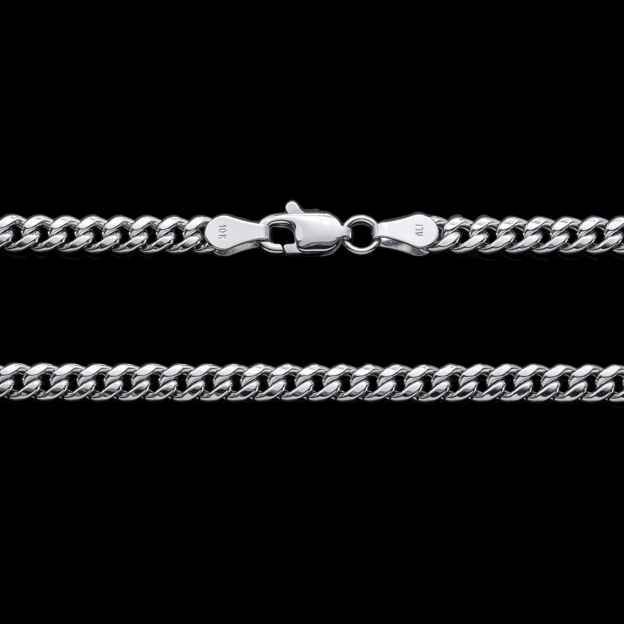 Clasp and side detail of 10K White Gold Semi-Hollow Cuban Link Chain – 3.75mm Lightweight Polished Design