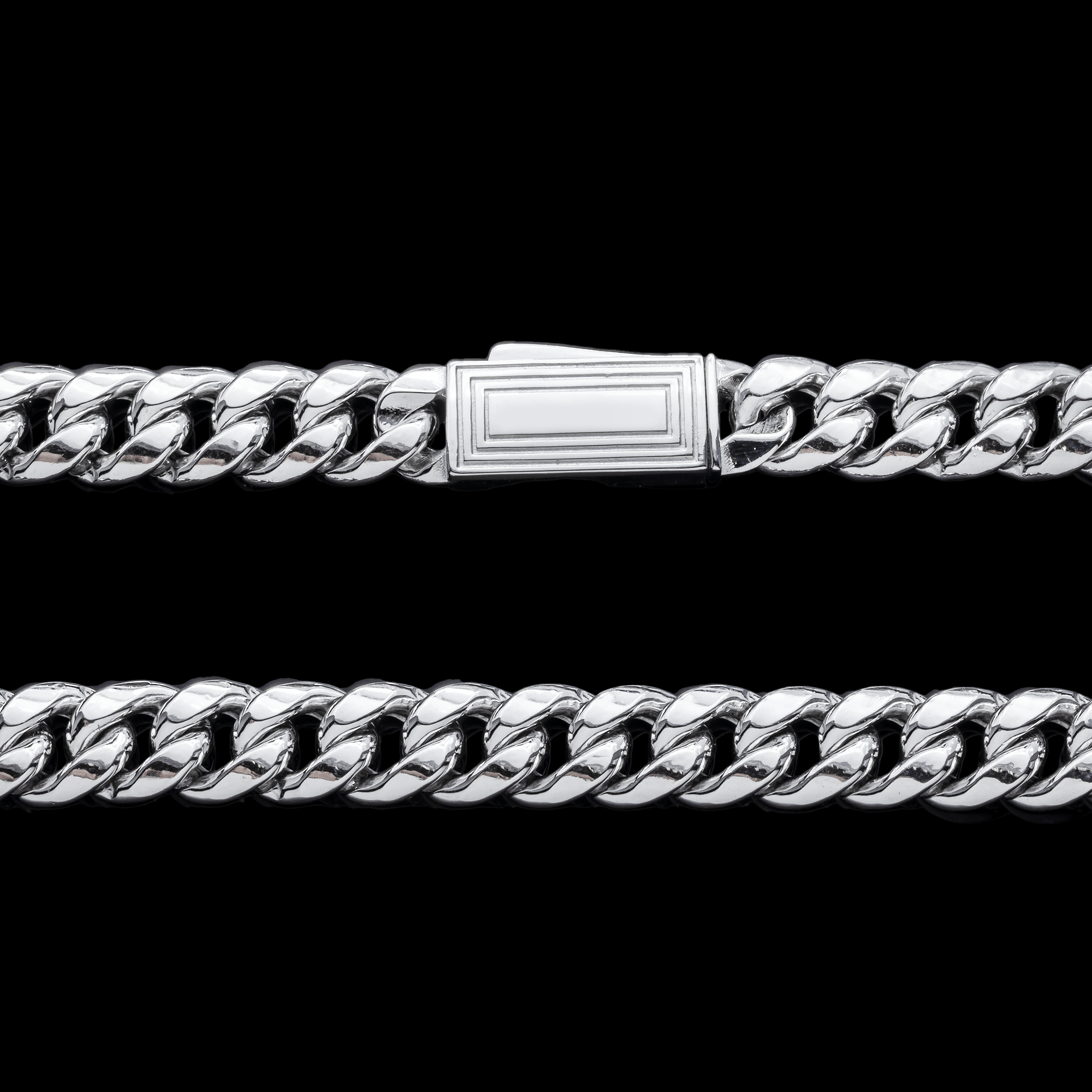 Close-up of 10K White Gold 7.75mm Miami Cuban Link Chain – Semi-Hollow Design with Polished Finish