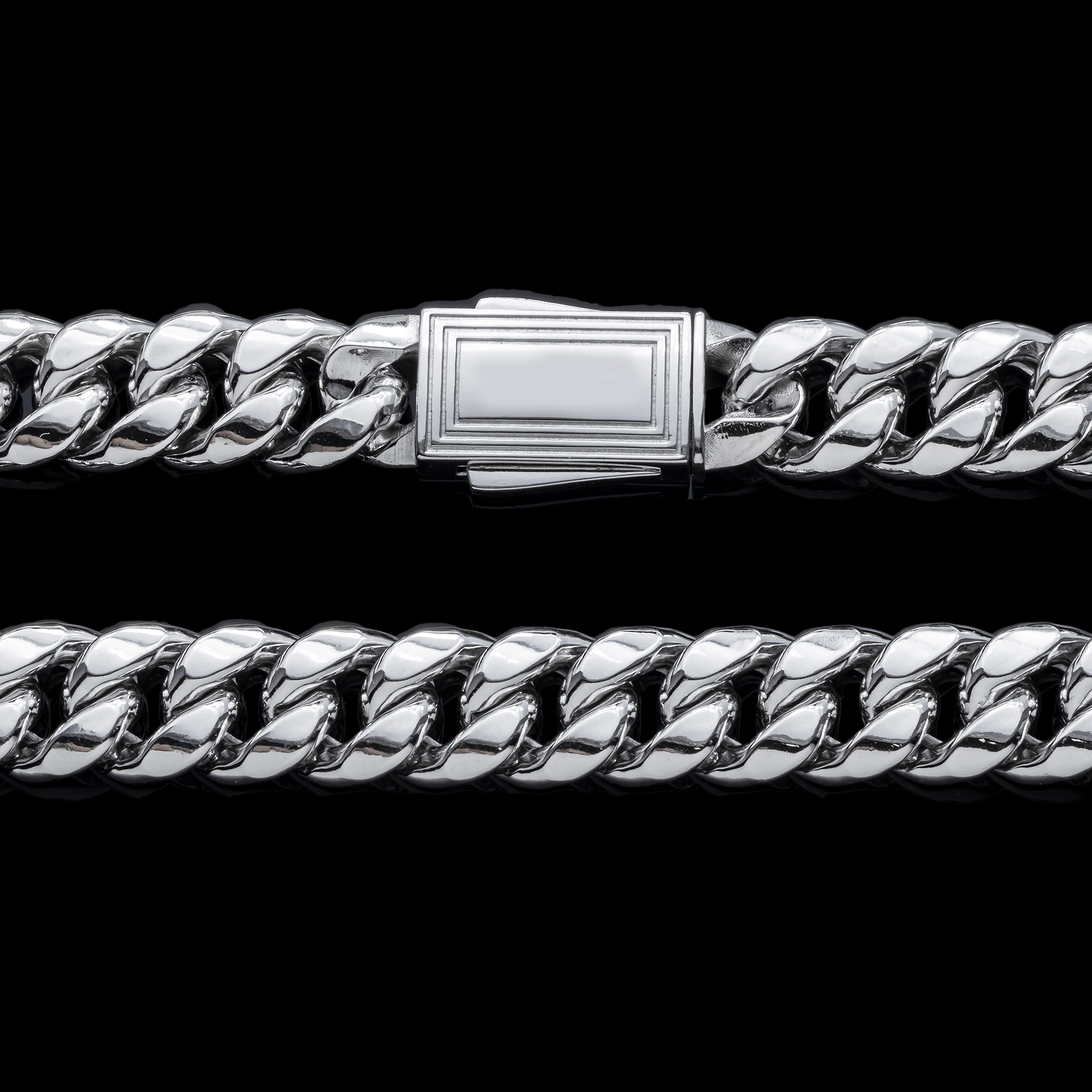 Close-up of 10K White Gold 10.00mm Miami Cuban Chain – Semi-Hollow Diamond Cut Links