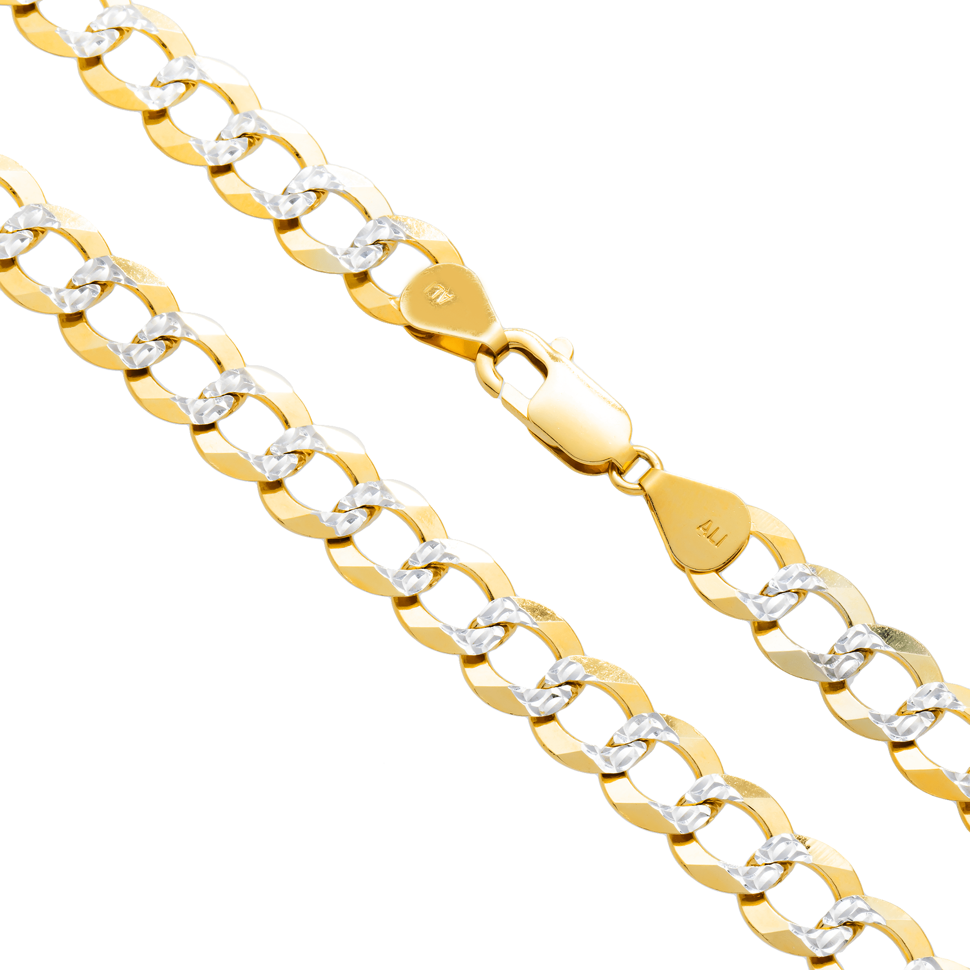 Clasp and detail of 10K Yellow Gold Miami Curb Chain – 9.50mm Thick, Polished Diamond Cut Design