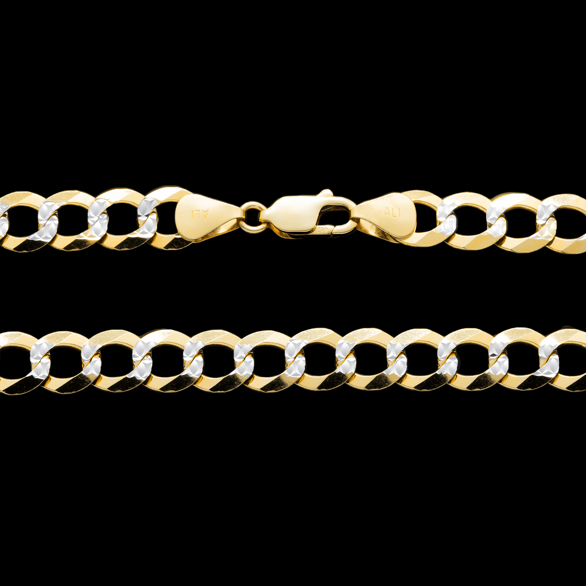 Close-up of 10K Yellow Gold 8.50mm Miami Curb Chain – Diamond Cut Solid Gold Link Detail
