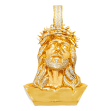 14K Yellow Gold Large Solid Jesus Head Pendant | 14.00 ctw. Round-Cut Diamond