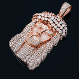 14K Rose Gold Large Solid Jesus Head Pendant | 18.00 ctw. Round-Cut Diamond