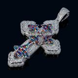 14k White Gold Large Gothic Cross Pendant | 11.84 ctw. Round Diamond & Multicolor Gems