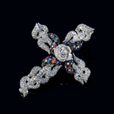 14k White Gold Flower Cross Pendant | 5.38 ctw. Round Diamond Multicolor Gems