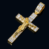 14K Yellow Gold Crucifix Jesus Cross Charm 6.18 ctw. Emerald Cut Diamond Pendant