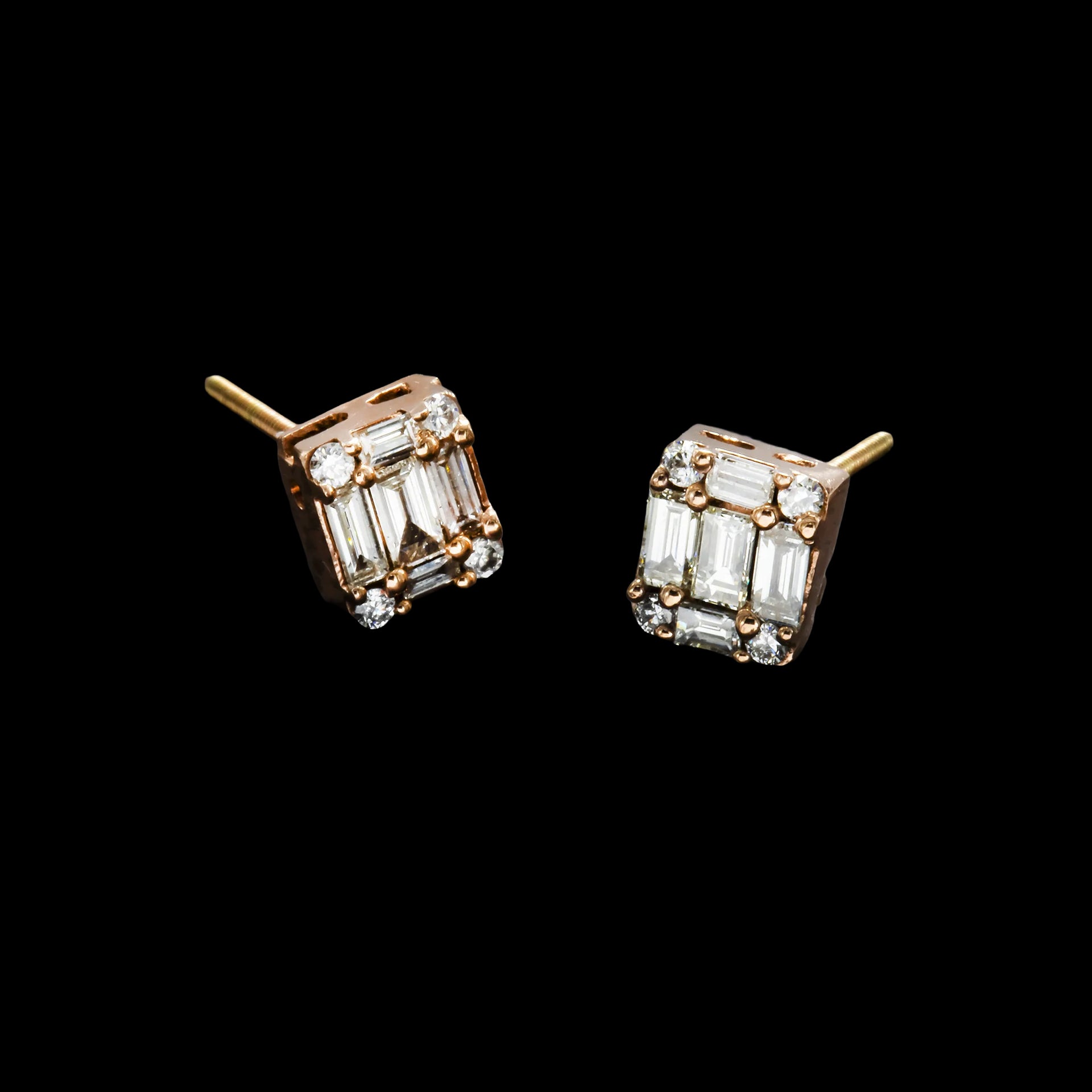 14K Rose Gold Illusion Square Studs 1.00 ctw. Baguette & Round Diamond Earrings