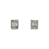 14K White Gold Illusion Square Studs 1.00 ctw. Baguette & Round Diamond Earrings