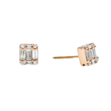 14K Rose Gold Illusion Square Studs 1.00 ctw. Baguette & Round Diamond Earrings