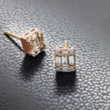 14K Rose Gold Illusion Square Studs 1.00 ctw. Baguette & Round Diamond Earrings