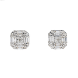 14K White Gold Square Stud 1.25 ctw. Baguette & Round Diamond Earrings