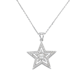 14K White Gold Double Star Pendant 0.47 ctw. Baguette & Round Diamond Necklace