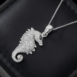 14K White Gold Seahorse Pendant 1.50 ctw. Round Diamond Necklace