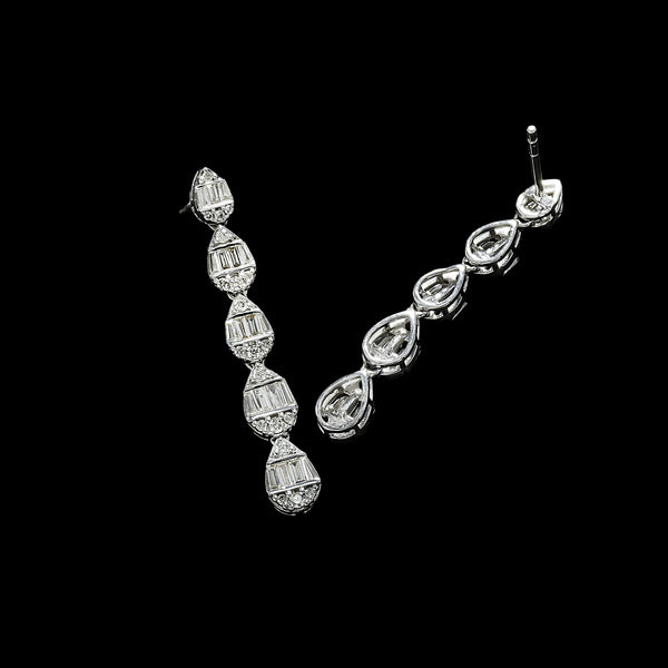 14K White Gold Graduated Line Tear Drops 1.30 ctw. Baguette & Round Diamond Earrings