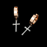 14K Two Tone Gold Cross Dangle Hoops 0.50 ctw. Round Diamond Earrings