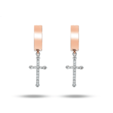 14K Two Tone Gold Cross Dangle Hoops 0.50 ctw. Round Diamond Earrings