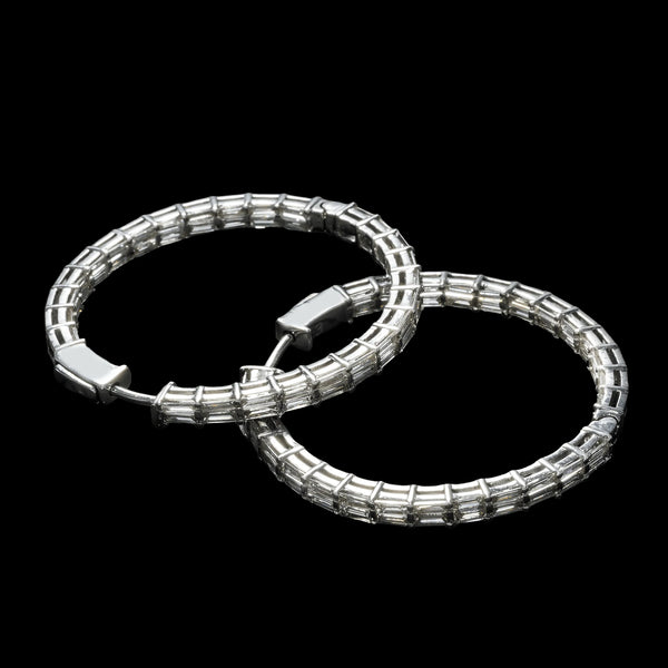 14K White Gold Inside Out Round Hoops 4.50 ctw. Baguette Diamond Earrings
