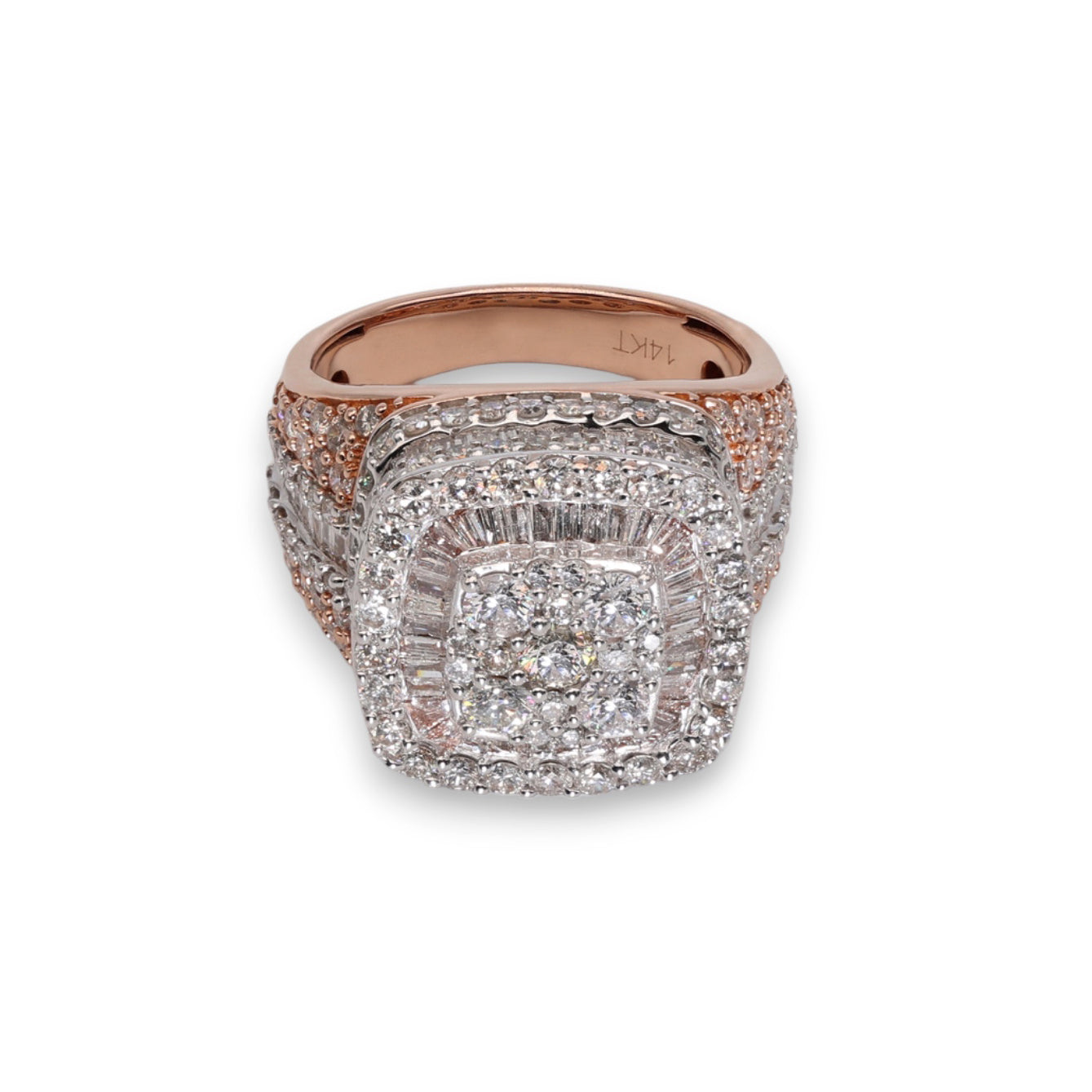 Anillo racimo cuadrado de diamantes naturales de 13,42 quilates y varias filas, en oro rosa de 14 quilates