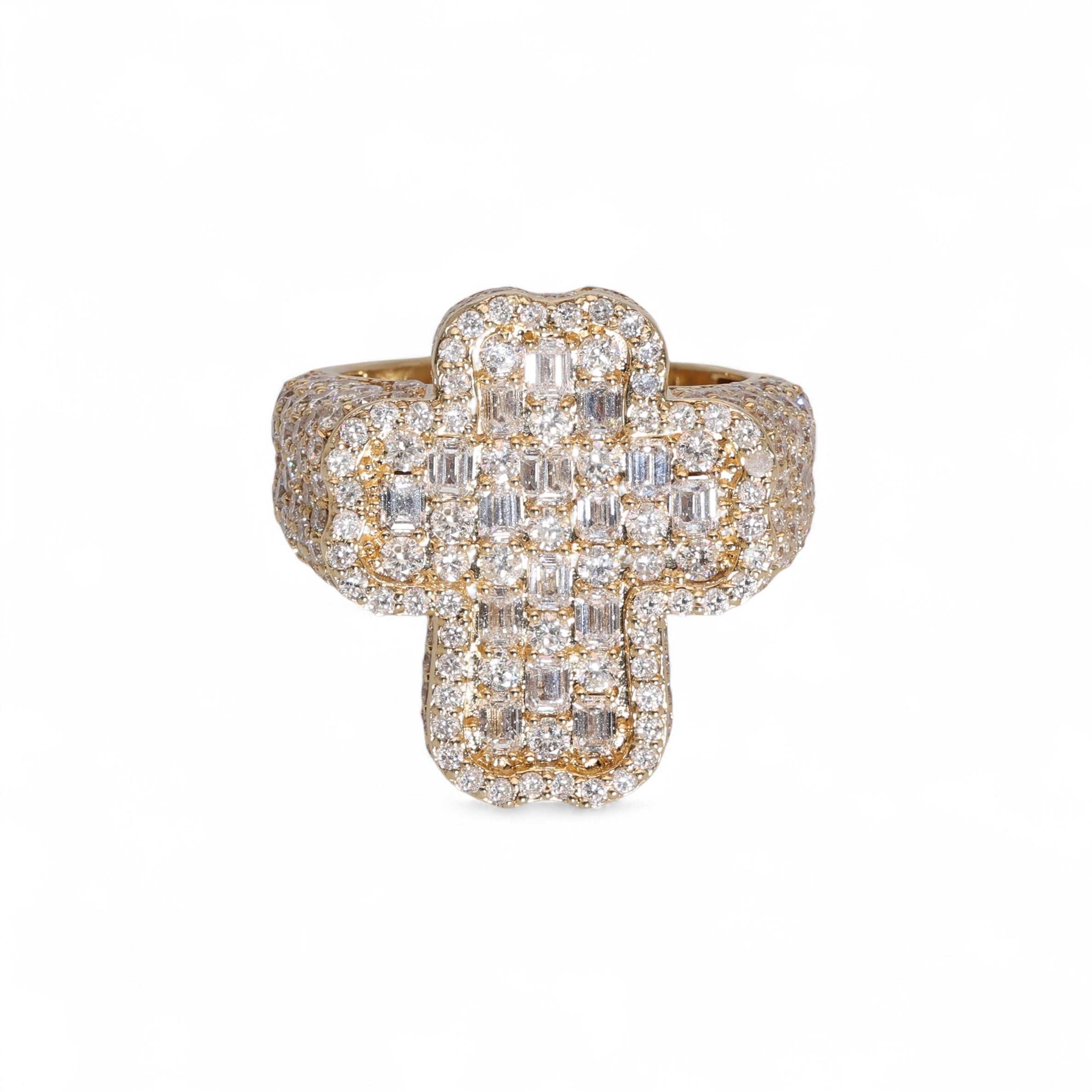 14K Yellow Gold 5.78 Carat Natural Diamond Iced-Out Signet Cross Ring