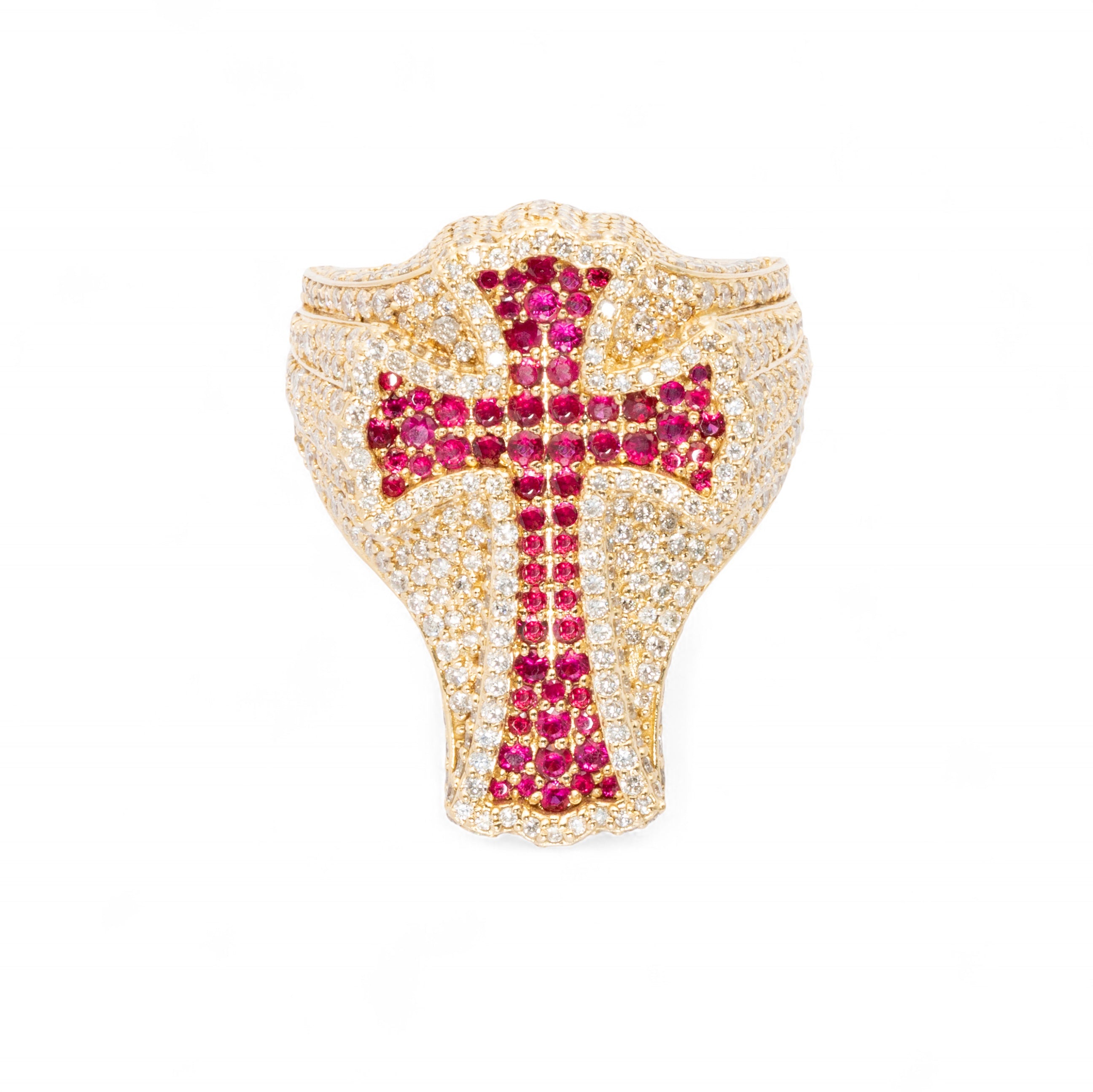 14K Yellow Gold 3.97 Carat Natural Diamond Ruby Cross Ring