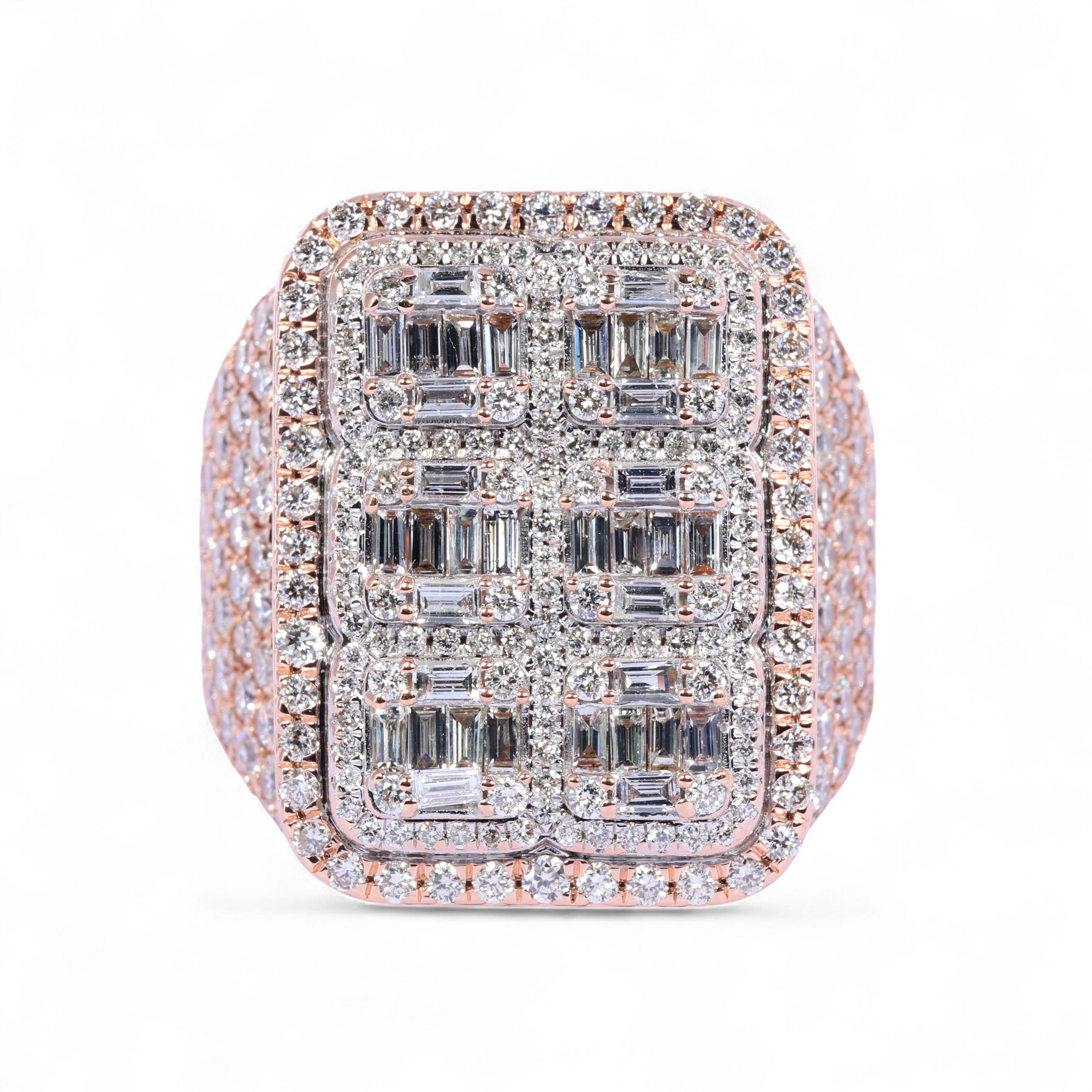 Anillo rectangular de oro rosa de 14 quilates con varias hileras y diamantes naturales de 8,00 quilates