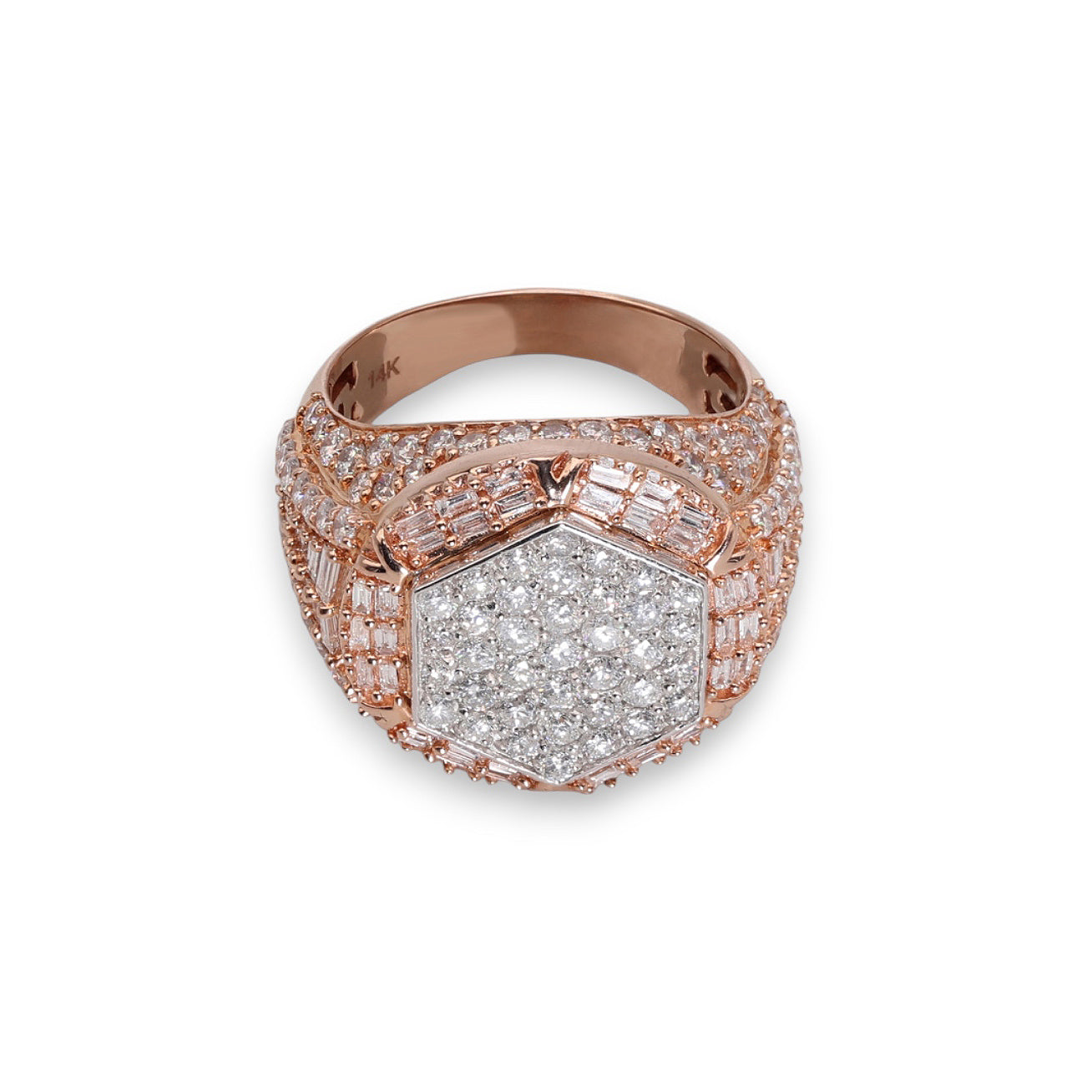 Anillo de compromiso de oro rosa de 14 quilates con diamantes naturales de 4,13 quilates y pavé de diamantes en forma octogonal