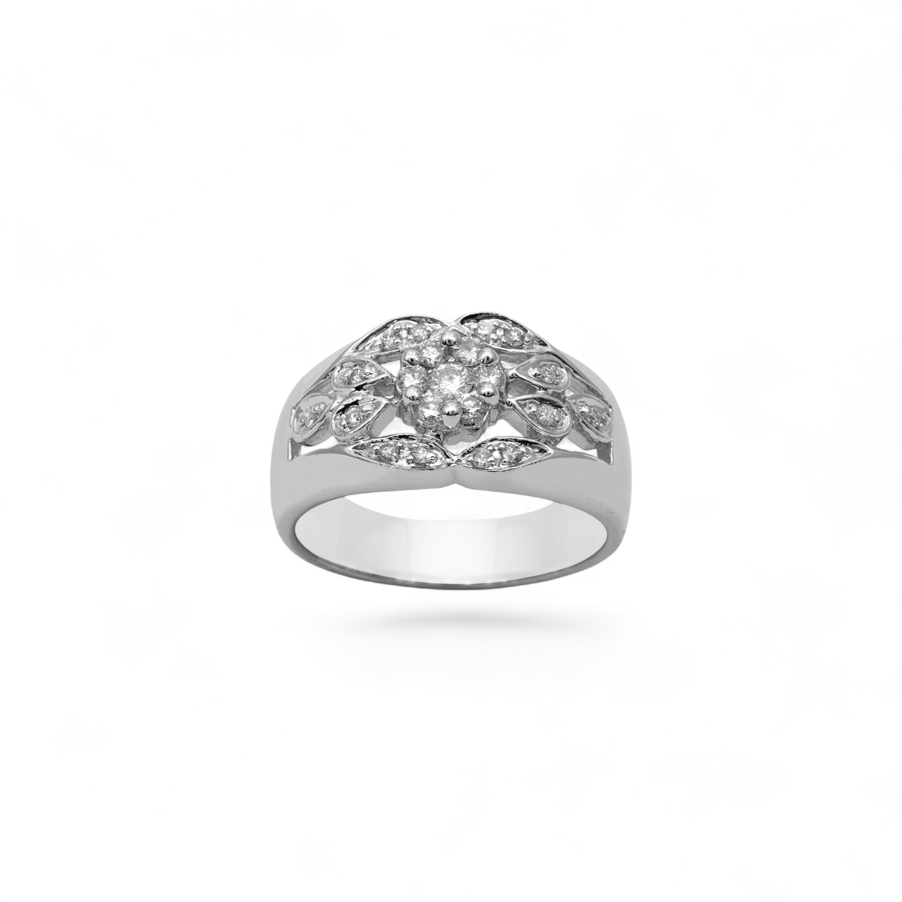 Anillo de oro blanco de 14 quilates con flores y diamantes naturales de 1,03 quilates
