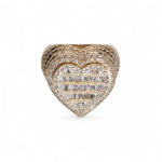Front of Rose Gold Heart-shaped ring with diamonds on a white background